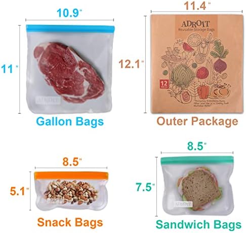 12 sacos de armazenamento de alimentos reutilizáveis ​​de embalagem, sacos de 2 galões, 5 sacos de sanduíche, 5 sacos de lanches infantis,