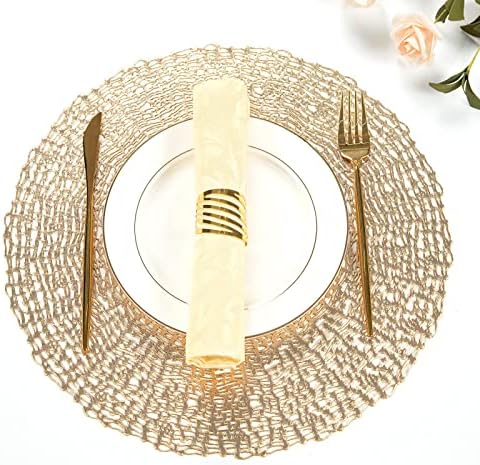Crisjanggo Gold Round Placemats Conjunto de 6 tapetes de mesa de jantar de vinil pressionados laváveis ​​e limpáveis ​​14,7