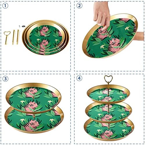 Dragonbtu 3 cupcake de camada com haste dourado plástico de plástico Tower Tower Tiger Tiger cercado por folhas Displações de doces