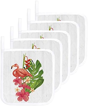 5 suportes de panela para cozinha, os suportes de panela à prova de calor de arte animal conjunta almofadas quentes de forno decorativo para cozinhar cozimento, isolamento de calor trivet, folha de flores de flamingo rosa com grãos de madeira