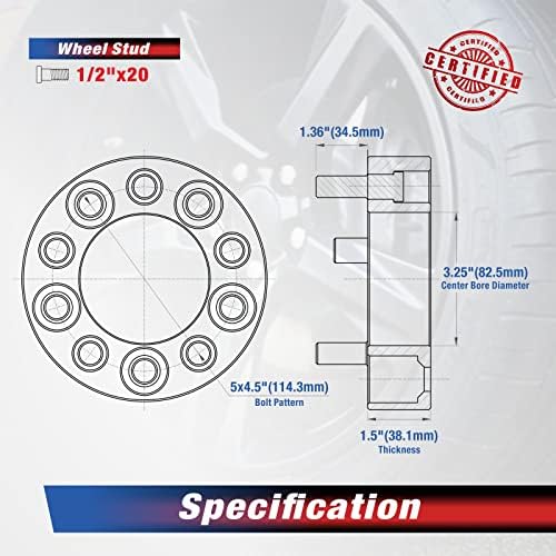 MOCA 38.1mm 5x114.3 Spacers de rodas hubcentric - pregos de 1/2 x20 ajustados para o Ford Explorer Flex Taurus Edge e para Jeep Liberty Wrangler e para Dodge Nitro Coronet