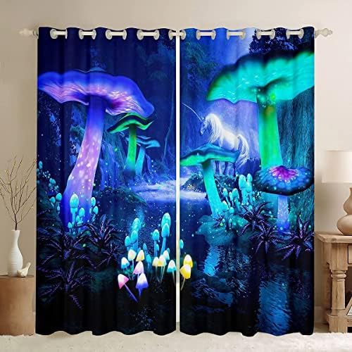 Cortinas de cogumelos Crianças desenho animado unicorn Blackout Cortinas Fantasia Galaxy Sky Cogumelo Design Psicodélico Meninas Curta