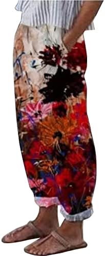 Calça de linho de algodão Zdfer soltas Casual liso de altas calças de moletom feminina com estampa floral longa com bolso