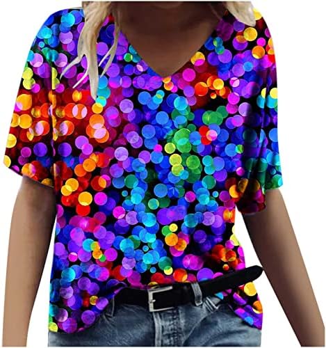 Camiseta feminina de tie floral camiseta gráfica camiseta solta ajuste manga curta v pescoço tops casuais no verão colorido saqueando