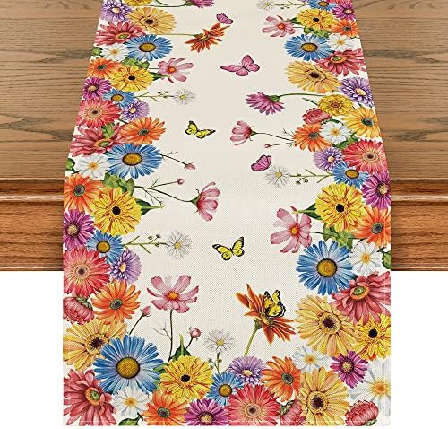 Modo Artóide Bloom Flowers Daisy Butterfly Summer Table Runner, decoração sazonal de mesa de jantar de cozinha para festa em