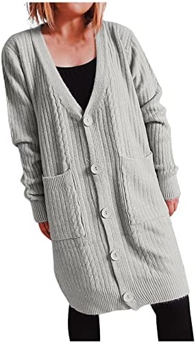 Cardigan de suéter comprido Mulheres de botão de manga comprida Cabo de malha de malha fora Os cardigãs frontais abertos de decote em V com bolso