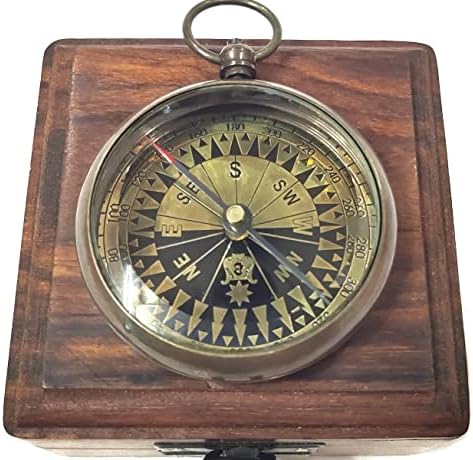 MAAN decoração 2 '' Brass Antique Pocket Transit Compass com caixa de madeira caixa de presente marinha Item