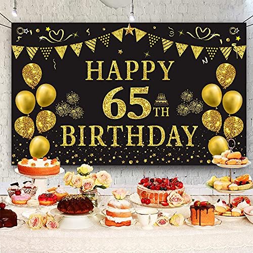 TRGOWAUL 65º aniversário Gold e preto 5,9 x 3,6 fts Feliz aniversário Decorações de festa Banner para homens Men