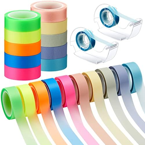 Outus 20 roll highlighter fita removível de 1/2 polegada x 16,4 pés por rolo de rolagem fitas de fitas de fita fluorescentes, destacando tiras de tiras com dispensadores de fita de 2 PCs para professores que lêem material de escritório em casa material