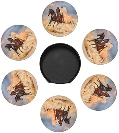 Coasters para bebidas, montanha-russa redonda de couro, 6 PCs resistente ao calor Decoração de copo de copo de tapa para barra de cozinha de cozinha protetor de mesa de mesa, grupo de galope de cavalos na areia