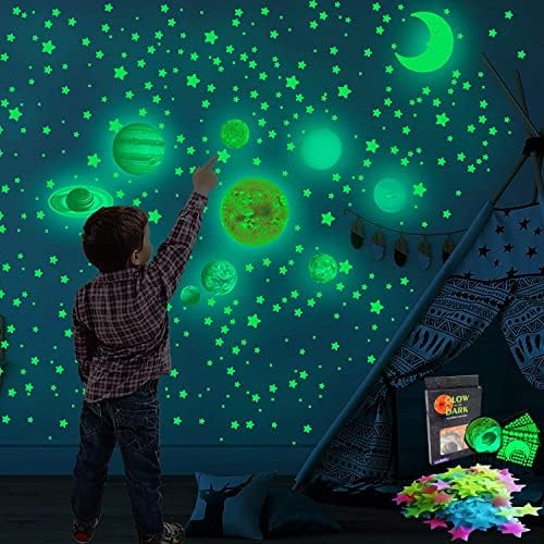 Glow in the Dark Stars and Moon Decals, 625pcs adesivos de parede estrelas realistas e decoração brilhante do sistema solar, brilhando