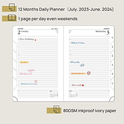 Poprun Daily Planner 2023-2024 Uma página por dia com capa dura em couro vegano - Agenda de julho de 2023 a junho de 2024 Livro