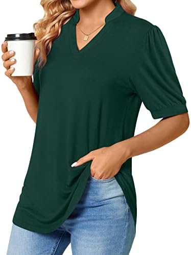 Tops casuais de verão, Moda feminina Moda de cor sólida Camiseta em V-Shirt Puff mangas curtas camisetas fit slim camisetas túnica
