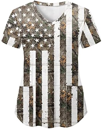 4 de julho Camisas para mulheres American Flag Summer Summer Manga curta Camiseta em Vshirt com 2 bolsos Bloups Holiday Casual Workwear