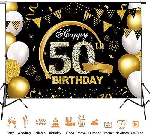 7x5ft feliz banner de 50º aniversário Banco de pano de fundo preto e dourado decorações de 50º aniversário para homens mulheres 50 aniversario,