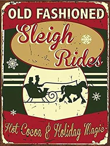 PABOE Velho Sleigh Rides Metal Sign 16 x 12 Cacau quente, decoração de férias, decoração de Natal, inverno