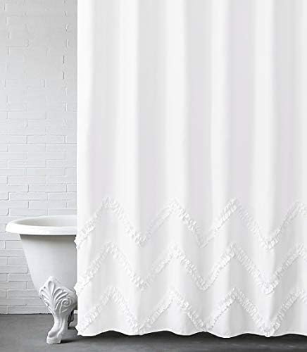 Felisa White Shower Curtain com listras em zigue-zague de guarnição de babados, cortina de chuveiro de tecido chique da fazenda para