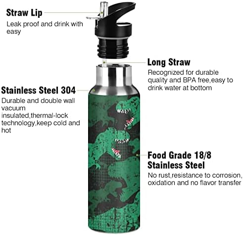 EMELIVOR Abstract Green Dinosaur Water Bottle Bottle Vacuum A vácuo garrafa de água em aço inoxidável com tampa de palha de 20 onças