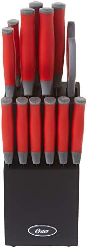 Oster Lindbergh 14 peças de talheres de aço inoxidável Conjunto de blocos pretos, alças vermelhas