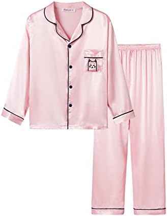 Pijama de cetim para meninas-casaco de estilo unicórnio de manga longa de seda para baixo PJ Set Tamanho 6-16