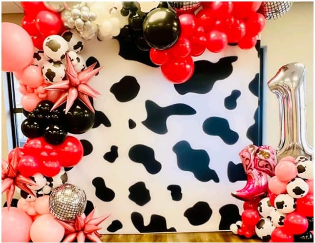 Fotografia de festa de vaca vouoron pano de cenários preto e branco Foto de animais de fazenda Antecedentes Decorações de festas de aniversário infantil Banner de chá de bebê Banner de adereços Supples 7x5ft