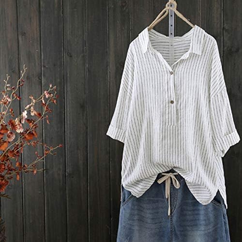 Camisas de linho feminino Tops de verão botão de moda para cima Pullover listrado Blusa solta Fit Manga Longa Camista