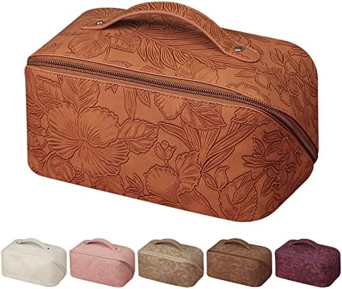 Goldorange grande maquiagem Bolsa de viagem Capacidade Bolsa de flor de flor de flor de floral Bolsa de maquiagem floral com alça delicada por portátil PU Couro plano Lay Sacos cosméticos Mulheres meninas, caramelo