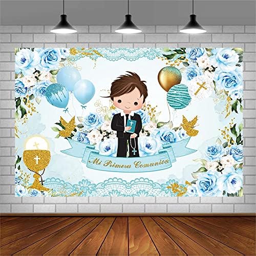 Aibiin 10x7ft Baptismo cenário para menino mi primera Comunion batização fotografia de Deus abençoe a primeira comunhão mi bautizo cálice balão azul floral decoração de banner foto adereços de fotos adereços