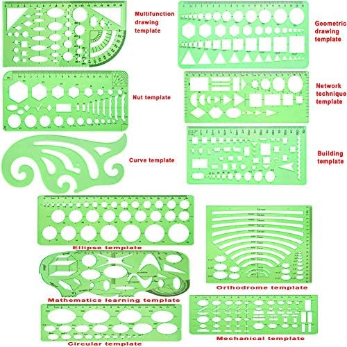 Qincling 11 peças Modelos de desenhos geométricos Modelos de estênceis de plástico Modelo de medição governantes Modelo de forma verde clara para desenho de engenharia Drafting Building School Office Supplies