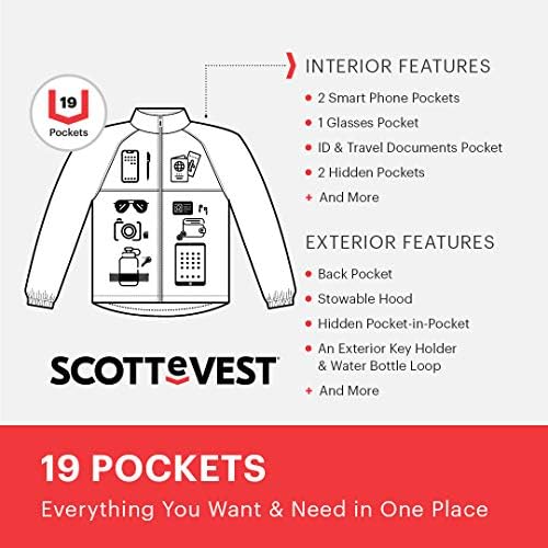 Scottevest Pack Windbreaker Jacket for Men - 19 bolsos escondidos - casaco repelente de água leve para viajar e mais