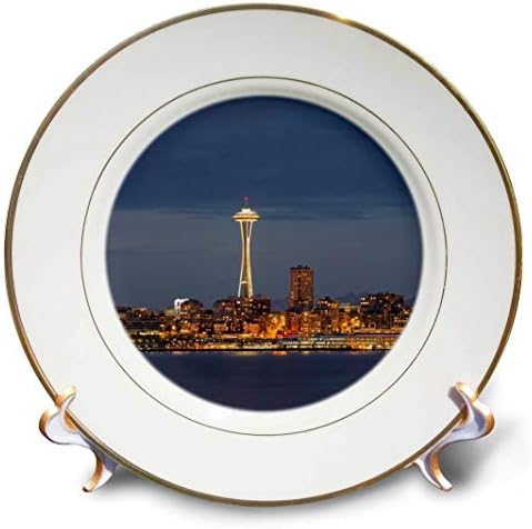 3d Rose Washington State-Seattle-Space agulha e Elliott Bay Porcelain Plate, 8 , branco