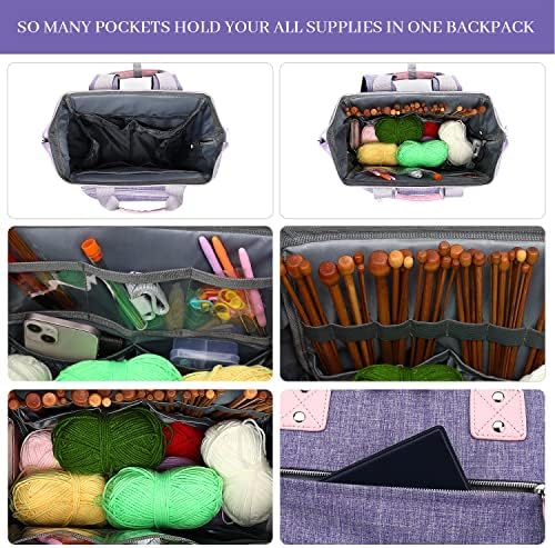 Mochila da bolsa de tricô, saco de crochê de viagens de organizador de armazenamento de fios com porta de carregamento USB, caixa de