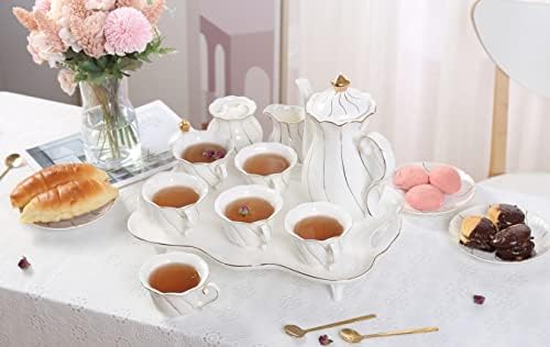 DUJUST 22 PCS Conjunto de chá de 6 com bandeja de chá e colheres, luxo de chá/xícara de café de estilo britânico com acabamento dourado, lindo conjunto de chá de porcelana para decoração da sala de estar, conjunto de chá, pacote de presentes - branco