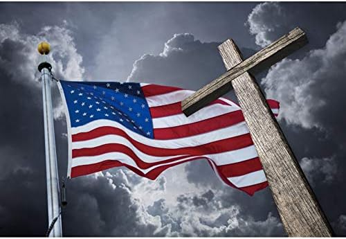 LAEACCO American Flag Vinil fotografia cenário 10x8ft Cristo cruzamento estrelas de fundo e listras crucifix de madeira nuvens escuras