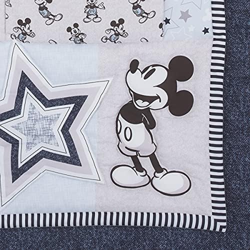 Disney Mickey Mouse Mickey Grey, White, & Blue Stars & Icons 3Piça Berçário Mini -Berço Berço - Consolador e duas mini folhas