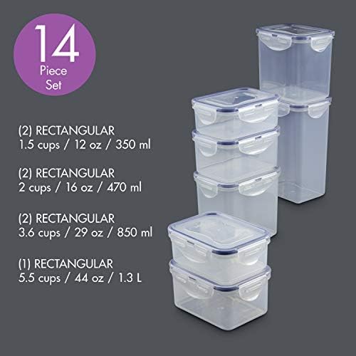 Locknlock Easy Essentials Standing Storage tampas/recipientes herméticos, 10 peças - quadrado, transparente e bloqueado Ease Essentials Storage Storage tampas/recipientes herméticos, 14 peças - retângulo alto, transparente