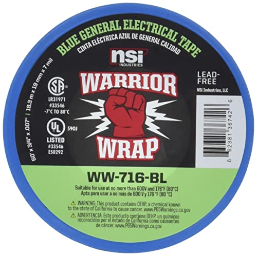 Warriorwrap General 3/4 pol. X 60 pés. 7 mil fita elétrica de vinil, azul