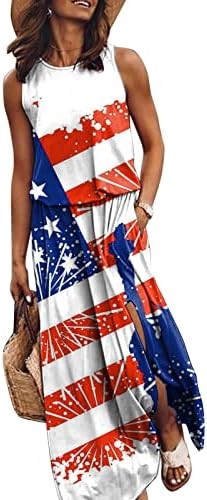 4 de julho Vestido para mulheres Casual Patriótico Americano Vestidos maxi longos vestido de sol mangas de verão com bolso
