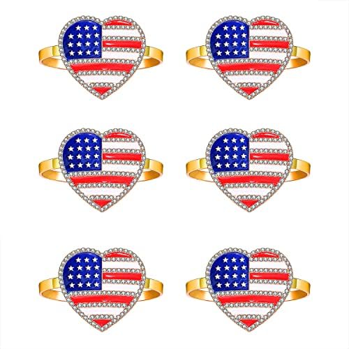 6pcs 4 de julho American Bandle Napkin Rings Rhinestone Coração patriótico Estrela do guardana