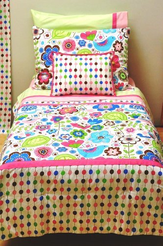BACATI - Santuário botânico Multicolor Pink 4 peças Meninas de cama de criança, 100 % de algodão inclui edredom reversível, folha ajustada, folha superior e travesseiro