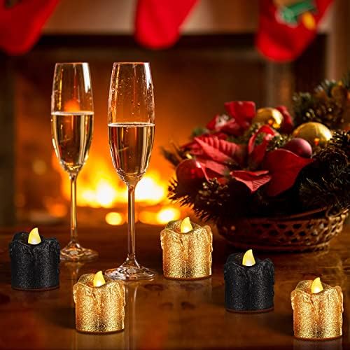 24 Pack Gold Glitter Led Tealights com design de cera pingando as velas sem chamas pretas Bateria operada por bateria