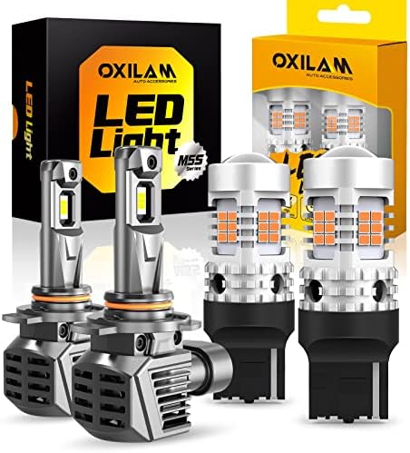 Oxilam 7443 Bulbos LED Luzes de freio amarelo e 9012 lâmpadas LED HIR2, kit de conversão de LEDs super brilhante, plugue e