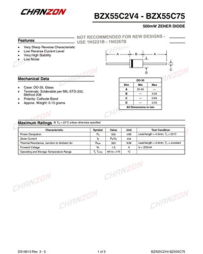 Chanzon BZX55C6V2 Diodo Zener 0,5W 6,2V Diodos axiais DO-35 0,5 watt 6,2 volts