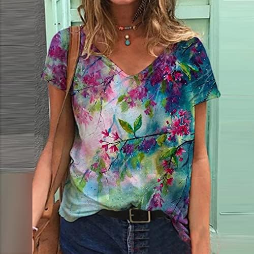 Women V pescoço algodão Floral Floral Fit Fit Relaxed Top Tshirt para meninas Summer Summer Fall GL GL