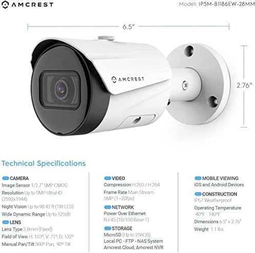Câmera de Segurança IP de Poe ao ar livre de 5mp da Amcrest UltraHD 2592 x 1944p Bullet IP Security Camera, IP67 à prova d'água IP67, ângulo de visualização de 103 °, lente de 2,8 mm, visão noturna de 98,4 pés, 5 megapixels, IP5M-B1186EW-28mm
