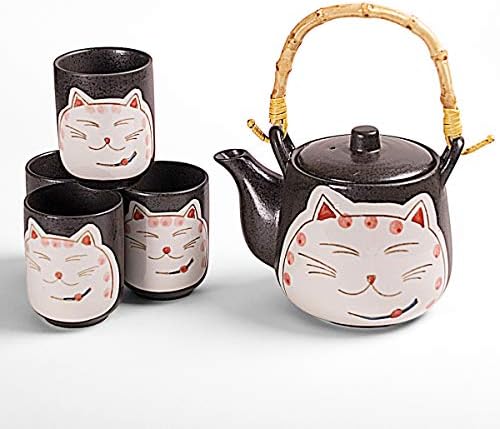 Coleção Hinomaru japonês Neko Cat Kitten Design Conjunto de chá de cerâmica com filtro, alça de vime e 4 xícaras de chá