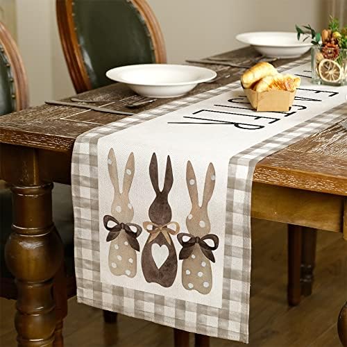 Arkeny Easter Buffalo Plaid Table Runner 72 polegadas, Coffee Rabbit Home Jantar Dimente Indoor Sazonal Spring Holiday