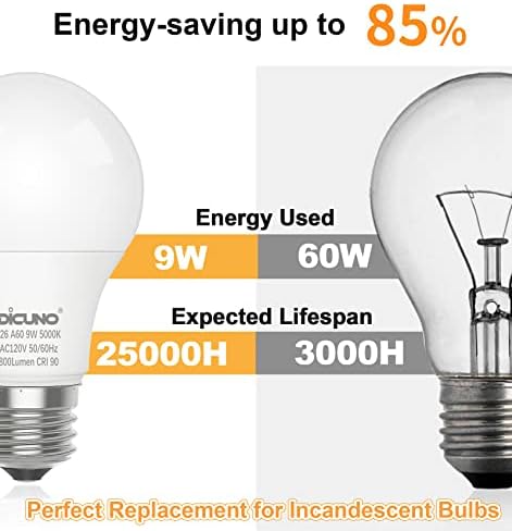 Lâmpadas LED de Dicuno A19 LED 60W equivalente, luz do dia 5000k, alta CRI 90, E26 Base média 9W 800 lúmens 120V, não-minúsculo, fosco,