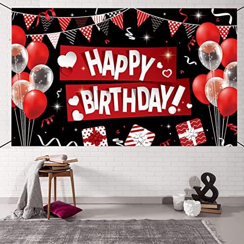 Feliz aniversário cenário, 43*71 polegadas grandes decorações de feliz aniversário Banner para homens, Black Red Birthday Party Decorações fotográficas de parede de parede para jardim interno, banner de aniversário