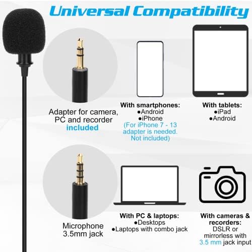 Microfone de lapela Lavalier de grau profissional para Huawei P Smart Pro 2019 Compatível com telefone para iPhone ou câmeras